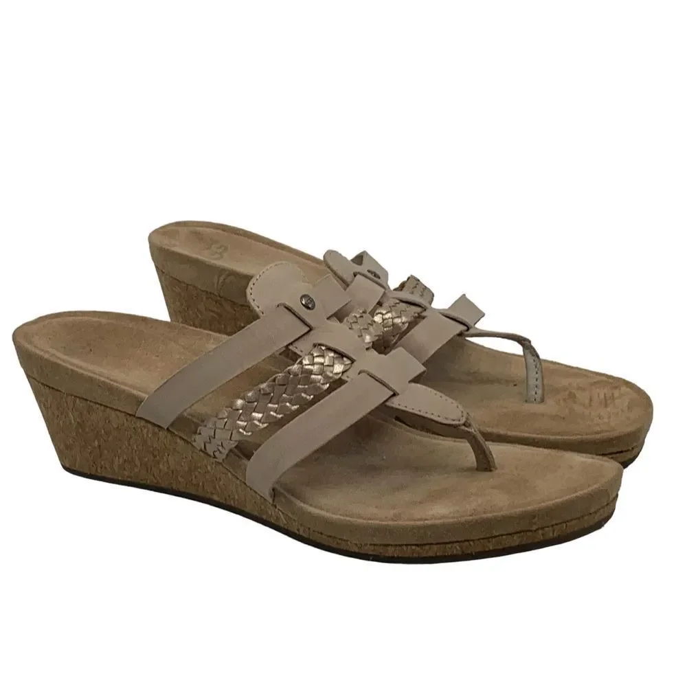 Ugg Women's Maddie Sandals Beige Leather Cork Wedge Slip On‎ Strappy Size 10
